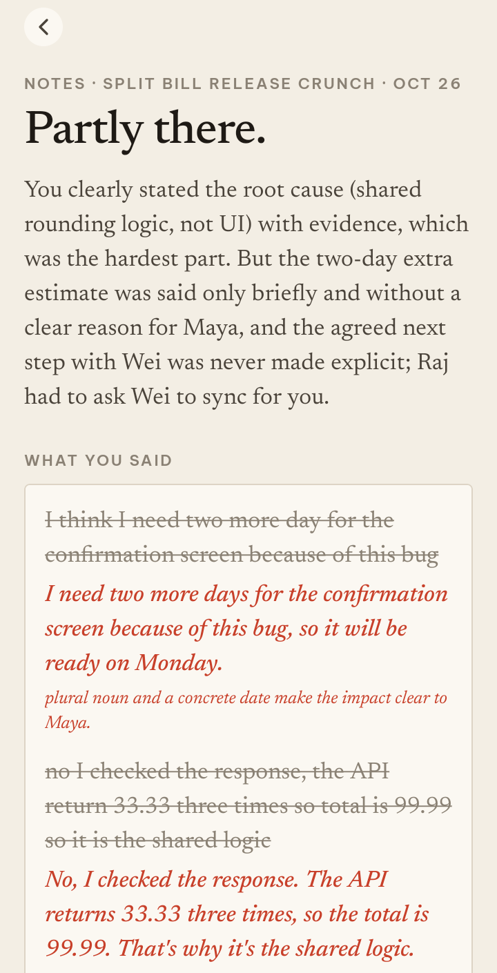 Notes after the meeting: a verdict, a summary and corrected sentences in red