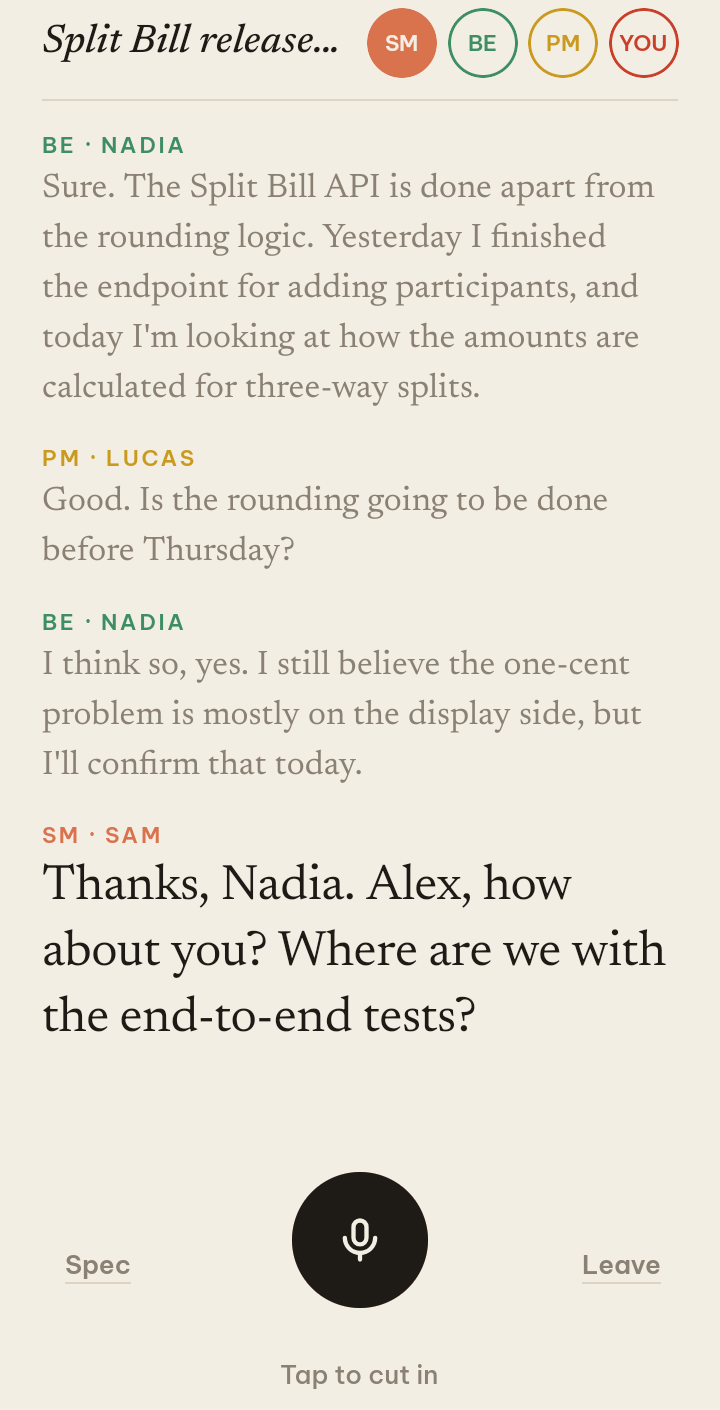 A daily standup written out like a script: each line under the speaker's role, the scrum master asking Alex for an update